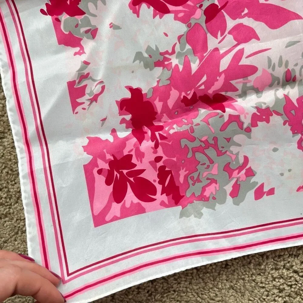 Pink White Floral Square Scarf 21x21 Hand Rolled Hem Valentine Chic